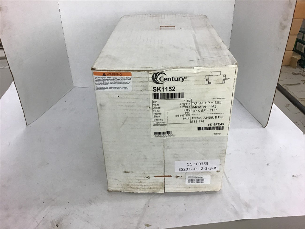Century SK1152 1 1/2 HP Motor 230/115 Volts 3450 Rpm 56C Frame