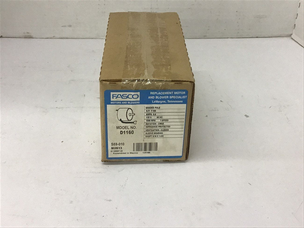 Fasco D1160 1/100 HP AC Motor 115 volts 1550 Rpm 1 Speed 0.6 Amps