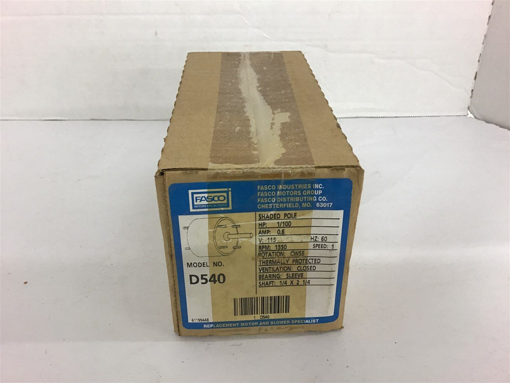 Fasco D540 1/100 HP Fan Motor 1550 Rpm 115 Volts 1 Speed