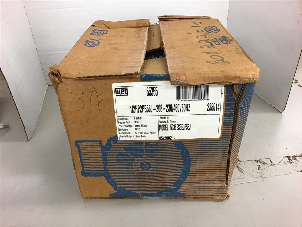 Weg .5036ES3EJP56J 1/2 HP AC Motor 208-230/460 Volts 3600 rpm 2P 56J Frame