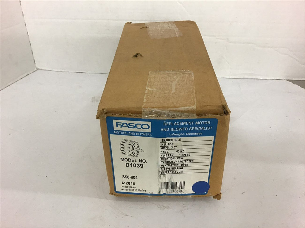 Fasco D1039 Shaded Pole Motor 1/10 HP 1610 RPM 1 Speed 115V Open Ventilation