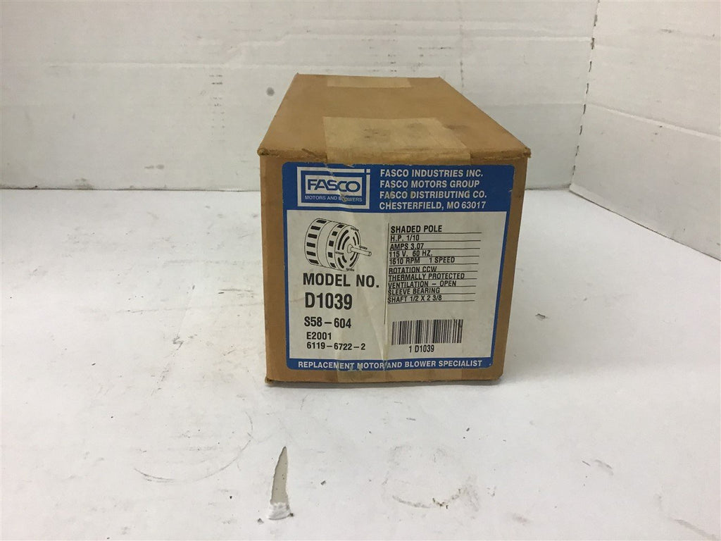 Fasco D1039 1/10 HP AC Motor 115 Volts 1610 rpm 1 Speed