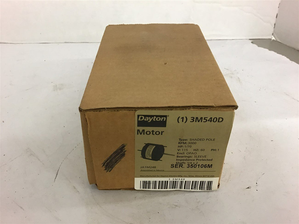 Dayton 3M540D Shaded Pole Motor 1/70HP 3000 Rpm 115V OPAO Enclosure 1/4x2 shaft