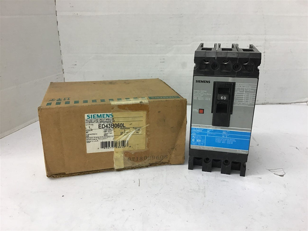 Siemens ED43B060L Circuit Breaker 60 Amp 3 Pole 480 Volts