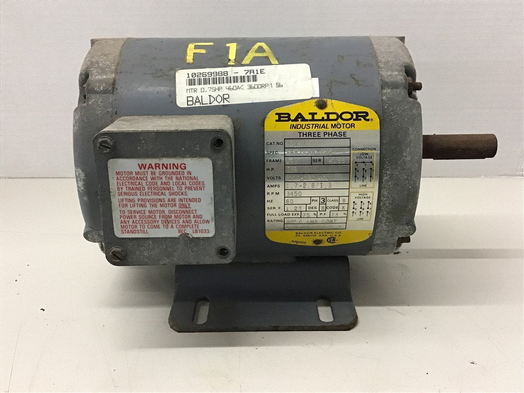 Baldor M3111 3/4 Hp AC Motor 208-230/460 Volts 3450 Rpm 2P 3 Phase 56 Frame