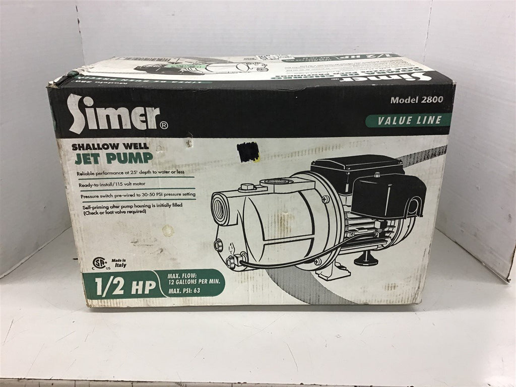 Simer 2800 Shallow Well Jet Pump 1/2 Hp 12 Gallon Per Min 63 PSI 115 volts