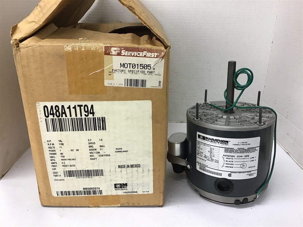 Marathon 048A11T94 1/6 HP AC Motor 115 Volts 1100 Rpm Single Phase 48 Frame