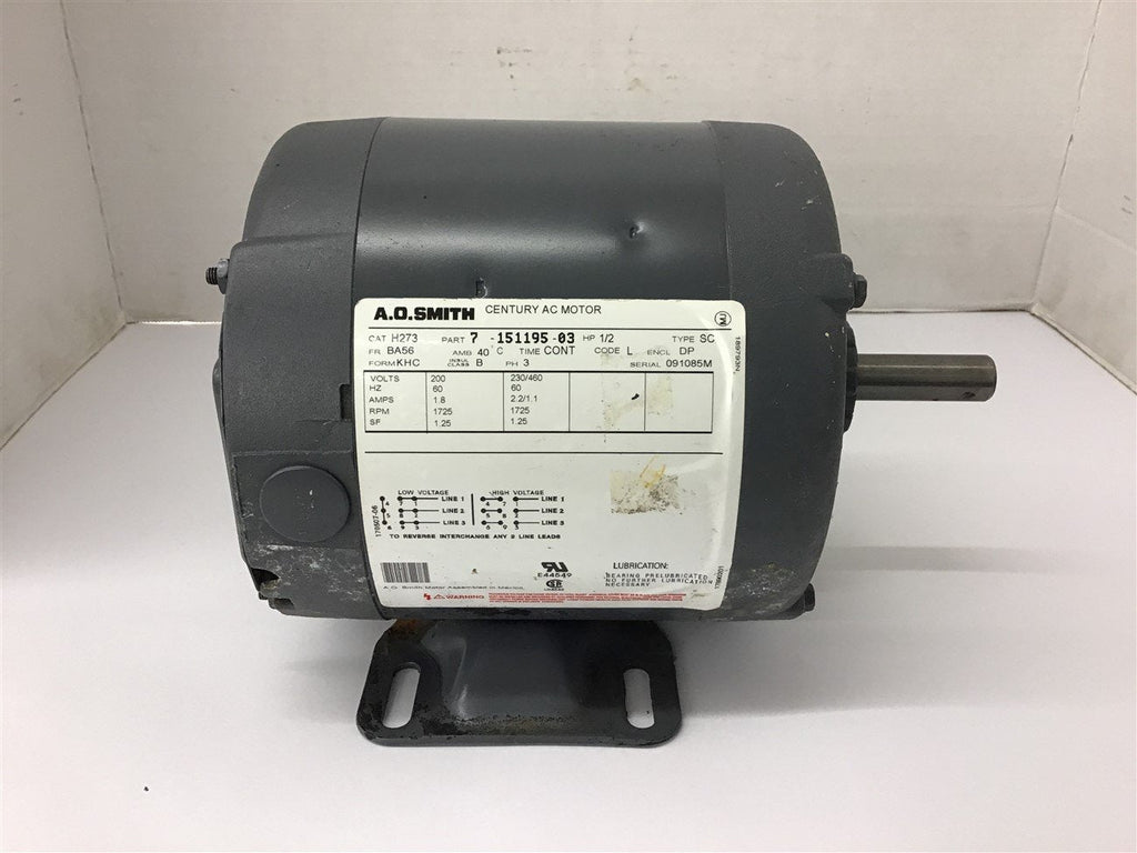 A.O. Smith H273 AC Motor 1/2 HP 1725 RPM 4 Pole 230/460 VAC BA56 FR 3 Phase