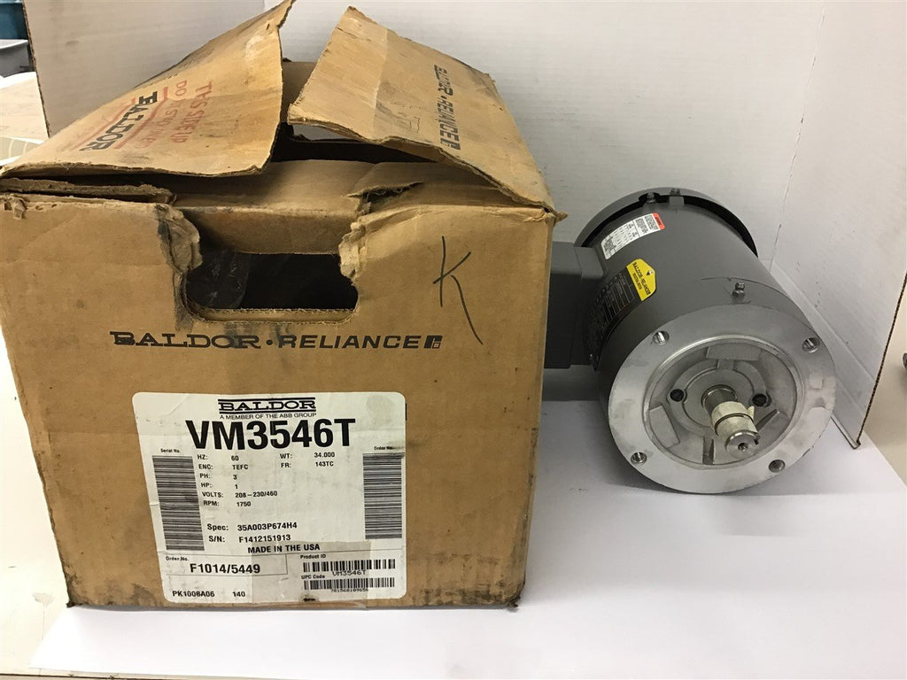 Baldor VM3546T AC Motor 1 HP 1750 RPM 4 Poles 208-230/460 VAC 143TCD Frame 3 Ph