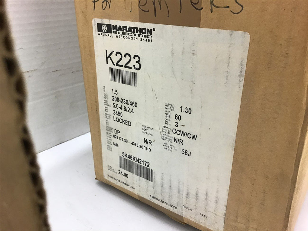 Marathon 5K46KN2172 1.5 HP AC Motor 208-230/460 volts 3600 Rpm 2P 56J Frame