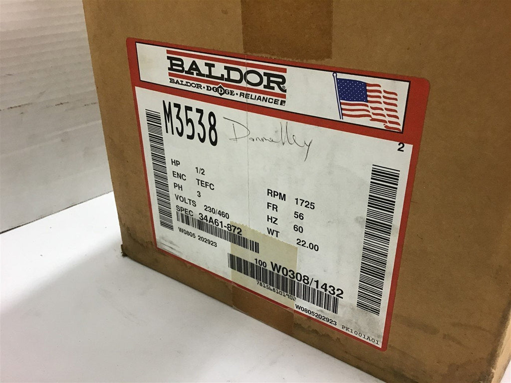 Baldor M3538 1/2 HP AC Motor 230/460 volts 1800 Rpm 4P 56 Frame