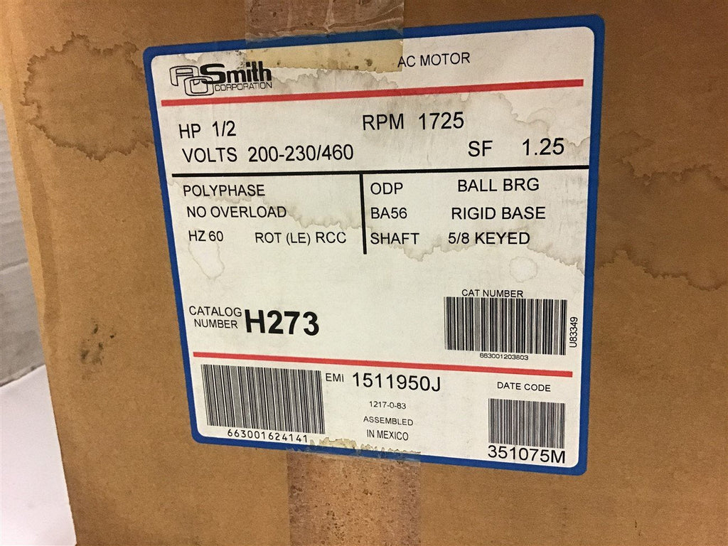A.O. Smith H273 1/2 HP AC Motor 230/460 Volts 1800 Rpm 56 Frame