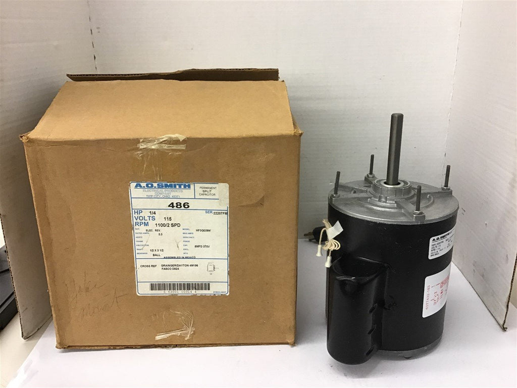 AO Smith HF3G039N Fan Motor 1/4 HP 1100/2 RPM 115V 1/2" Diameter