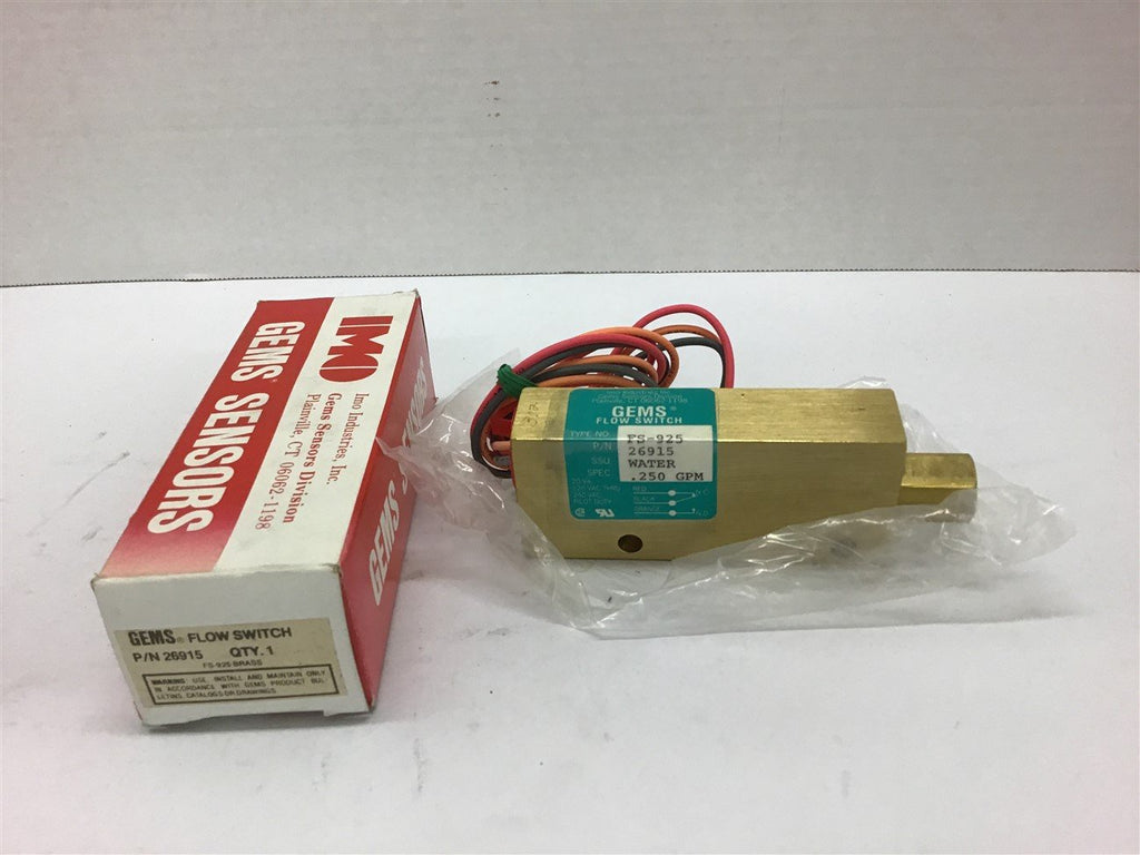 Gems Flow Switch Type FS-925 P/N 26915 Water .250 GPM Brass