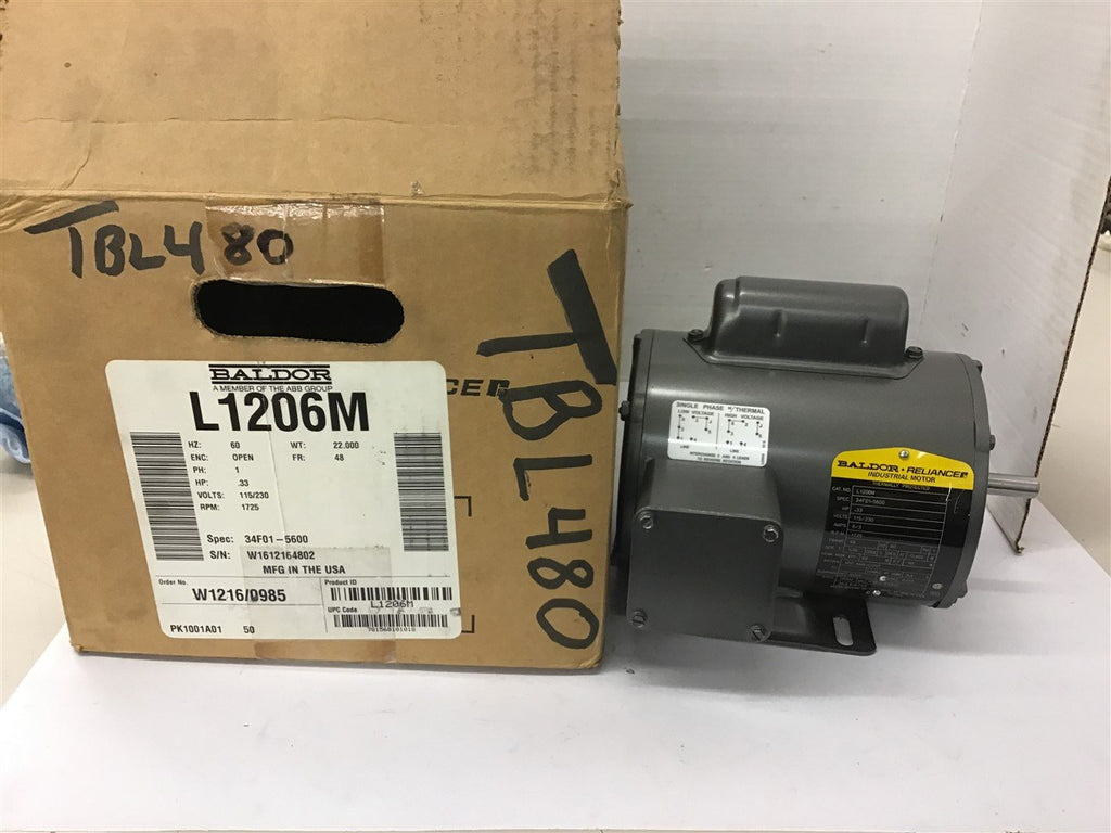 Baldor L1206M .33 HP AC Motor 115/230 Volts 1800 Rpm Single Phase 48 FR