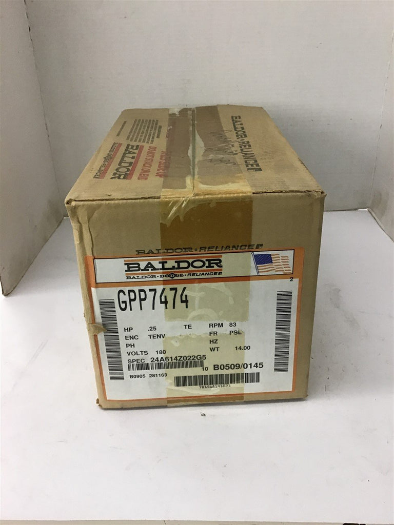 Baldor GPP7474 .25 HP DC Gear Motor 180 Volts 83 Rpm 30:1 Ratio