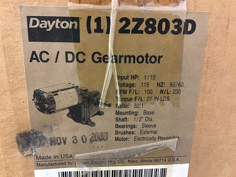 ac/dc gear Dayton 2Z803D 1/15 HP AC/DC Gear Motor 115 Volts 52:1 Ratio – BME Bearings and Surplus