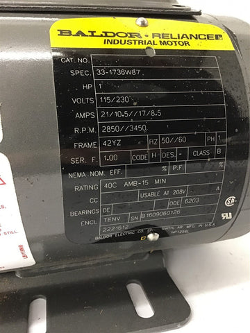 Baldor 33-1736W87 1 HP AC Motor 115/230 volts 3450 Rpm 42YZ Frame
