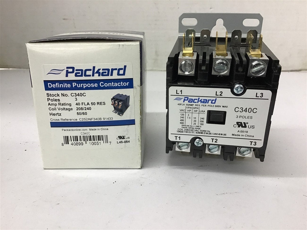 Packard C340C Definite Purpose Contactor 3 Pole 40 FLA 208/240 coil