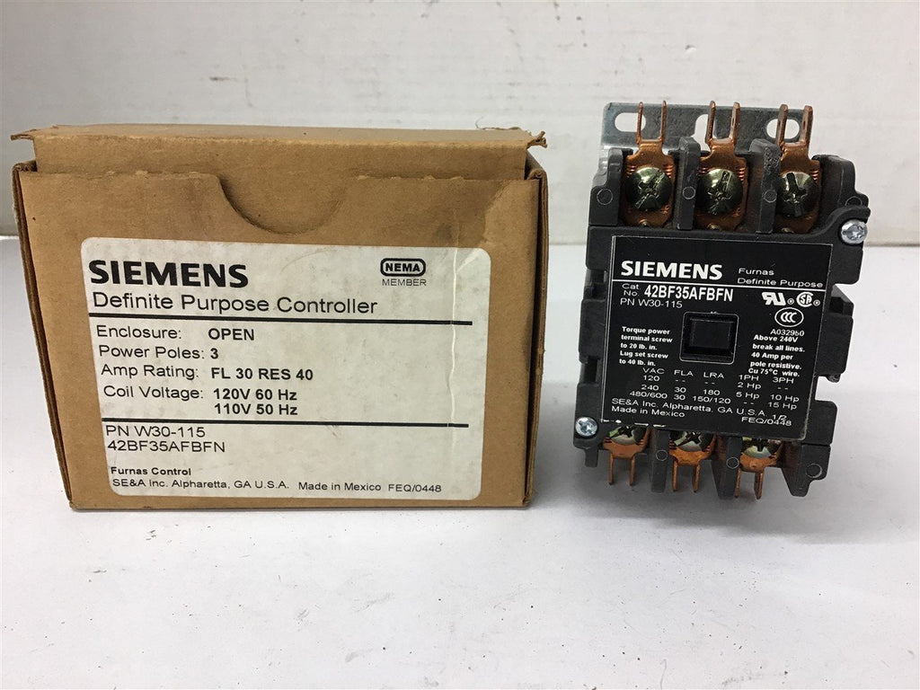 Siemens 42BF35AFBFN Definite Purpose Contactor 30 FLA 3 Pole 120 Volts Coil