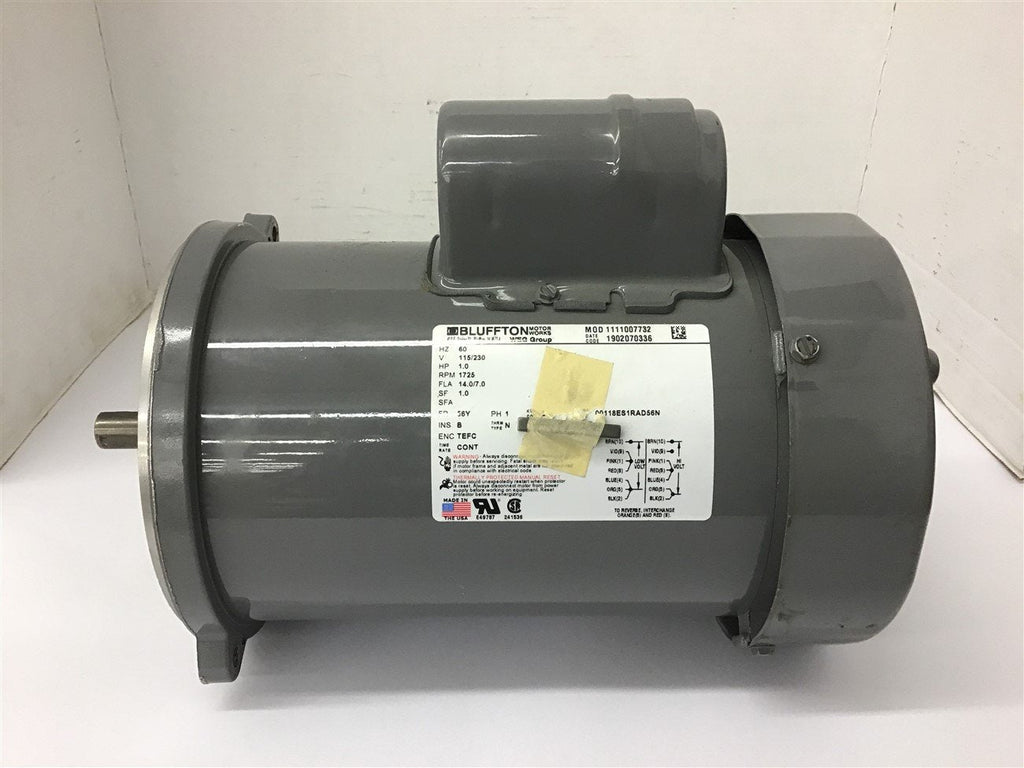 Bluffton 1111007732 1 Hp AC Motor 115/230 volts 1800 Rpm 4P single phase 56Y Fra