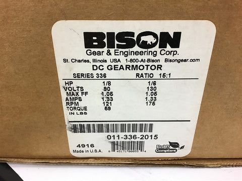 Bison 011-336-2015 DC Gear Motor 1/8HP 121 RPM 90V 15:1 Ratio Series 336