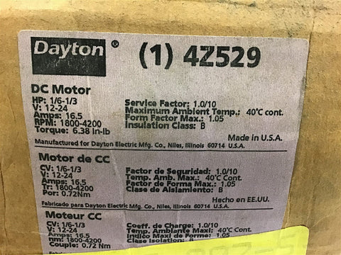 Dayton 4Z529 DC Motor 1/6-1/3 HP 1800-4200RPM 12-24V