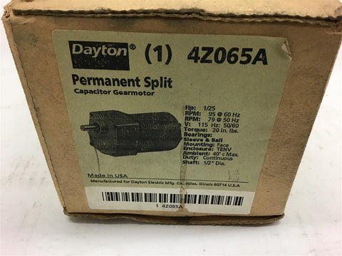 Dayton 4Z065A Permanent Split Capacitor Gear Motor 1/25Hp 95RPM 115V 1/2"Shaft