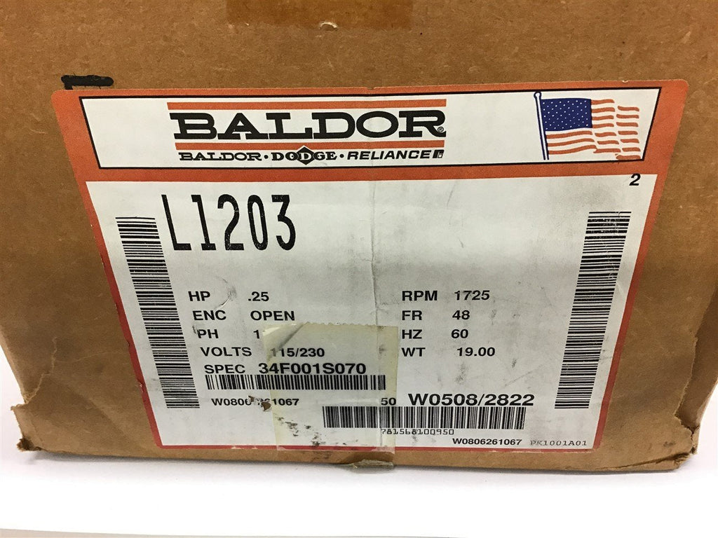 Baldor L120 .25 HP AC Motor 115/230 volts Single Phase 1800 Rpm 4P 48 Frame
