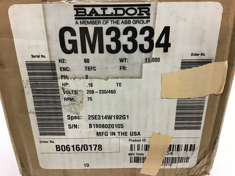 Baldor GM3334 .16 Hp Gear Motor 208-230/460 volts 75 Rpm 22.5:1 Ratio