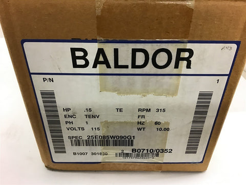 Baldor 25E085W090G1 .15 HP Gear Motor Single Phase 115 Volts 11:1 Ratio 315 RPM
