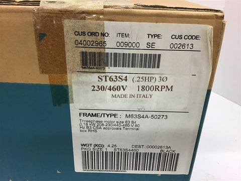 Lafert ST63S4 1/4 Hp AC Motor 230/460 volts 3 Phase 1800 rpm