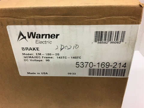 Warner 5370-270-204 Electric Brake EM-180-20 143TC-145TC 90 VDC