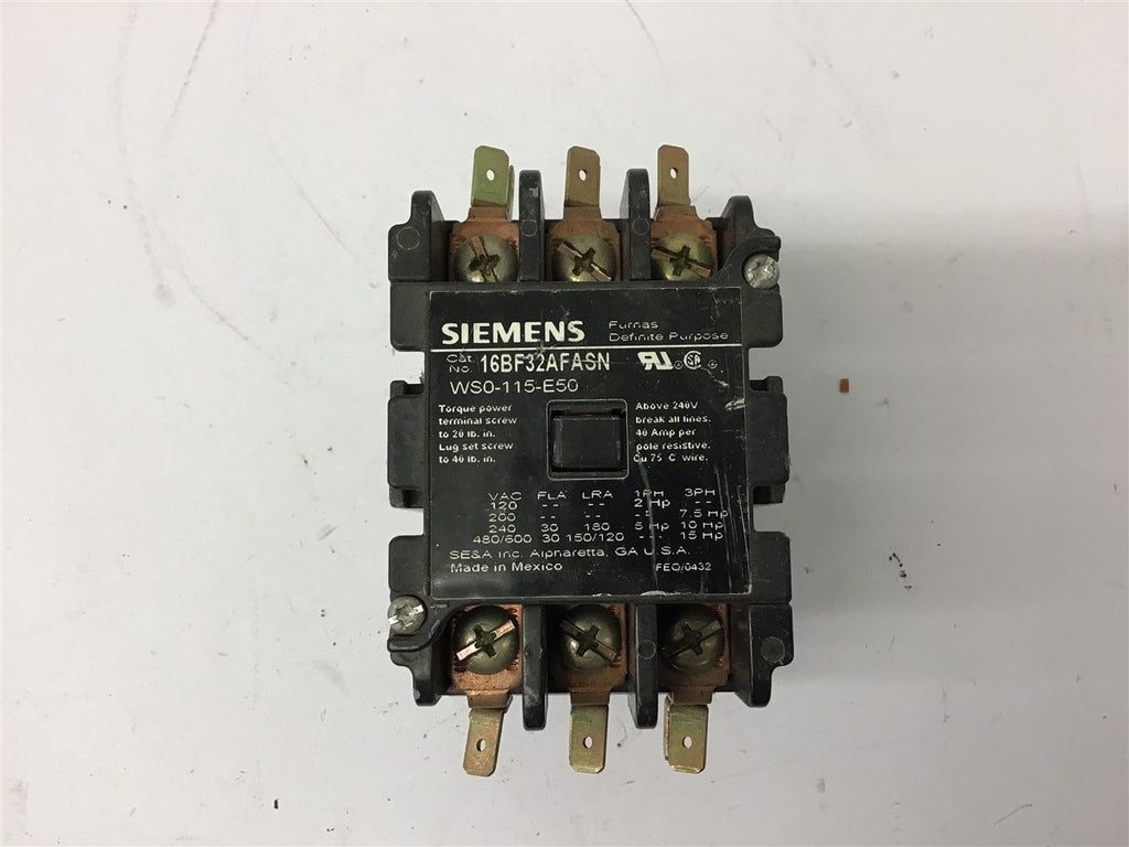 Siemens 16BF32AFASN Contactor 480 Volts 15 HP