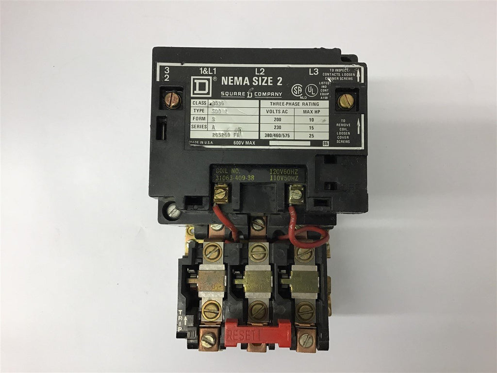 Square D Nema Size 2 8536 SDD1 Starter 460 volt @ 25 Hp 120 Volt coil