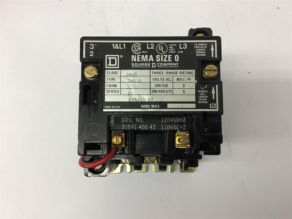 Square D Nema Size 0 8536 SBO2 Starter 460 volt @ 5 Hp 120 volt Coil