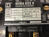 Square D Nema Size 0 8536 SBO2 Starter 460 volt @ 5 Hp 120 volt Coil