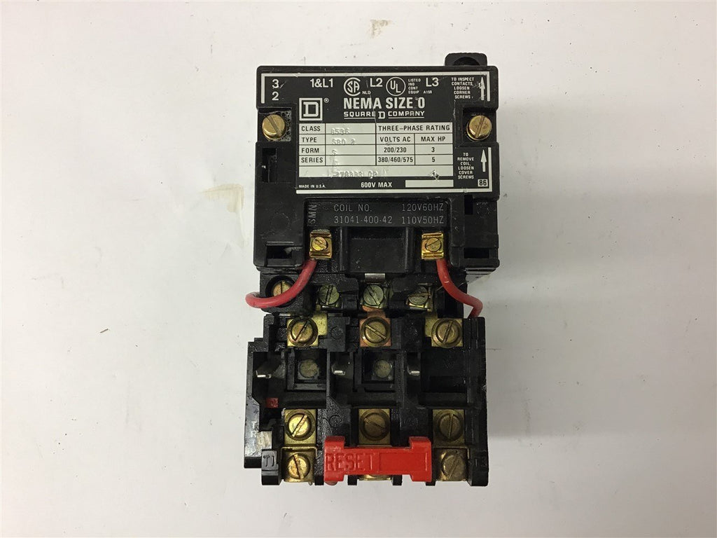 Square D Nema size 0 8536 SBO2 Starter 460 volt @ 5HP 120 volt coil