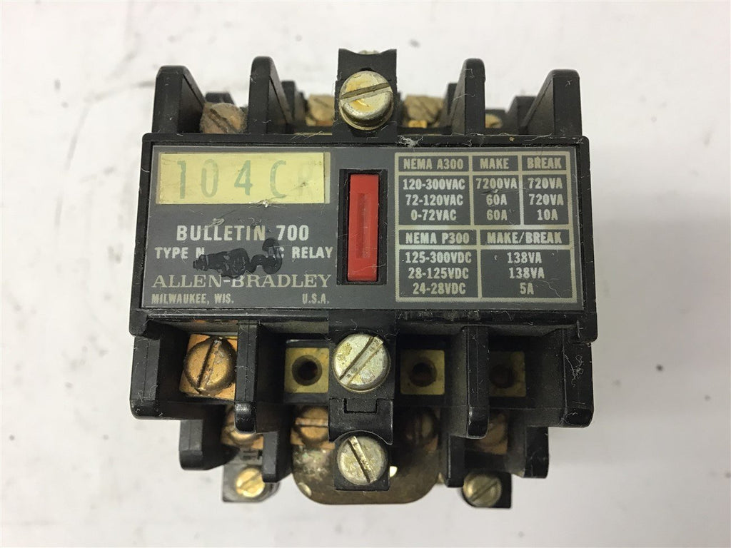 Allen-Bradley 104CR Relay 5 Amp 24-28 VDC 120 Volt Coil