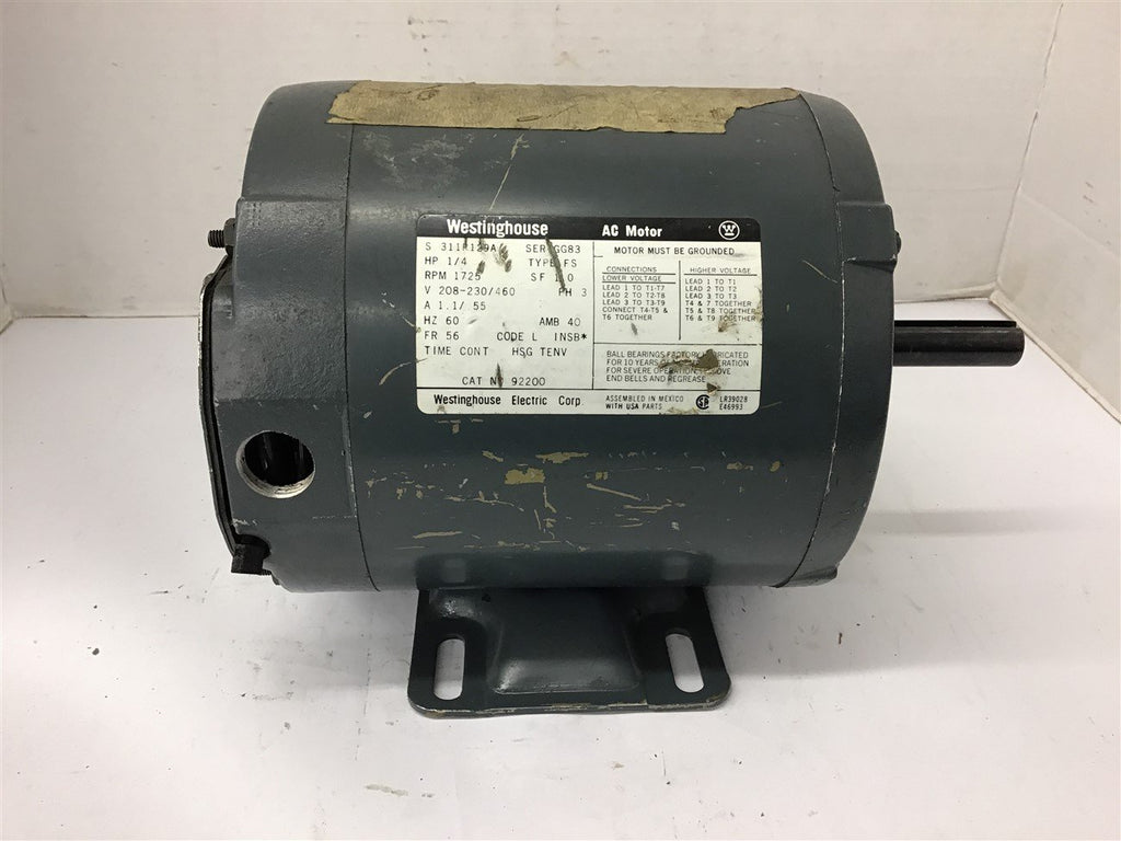 Westinghouse S311P129A 1/4 HP AC Motor 208-230/460 Volt 1800 Rpm 4P 56 Frame