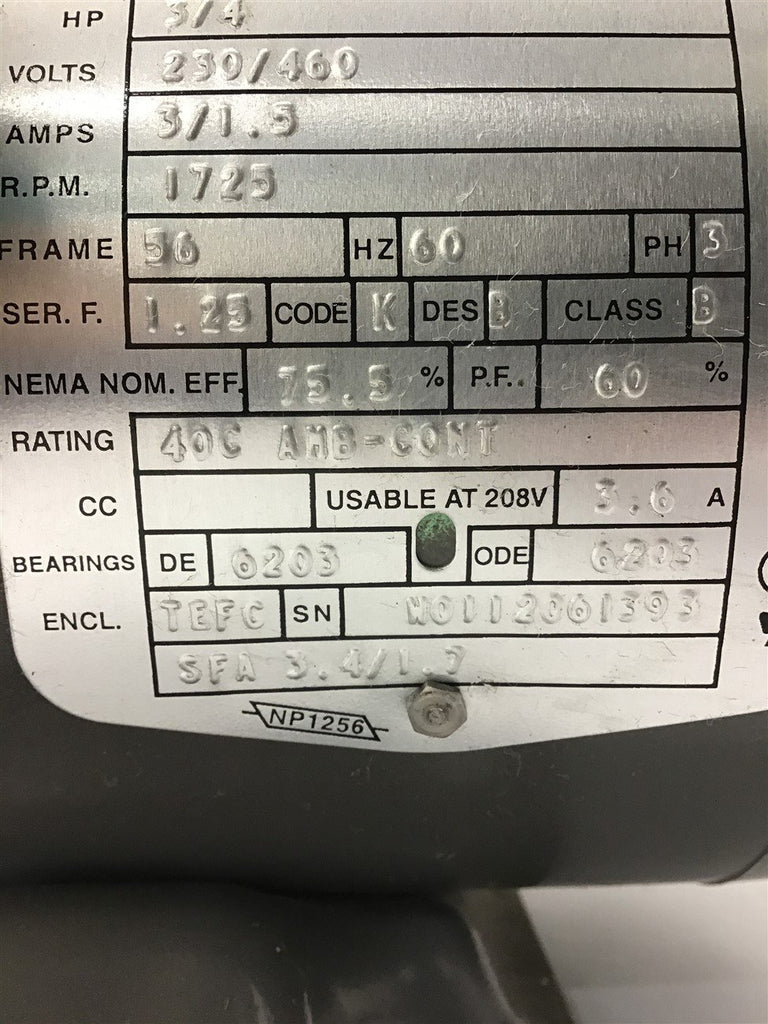 Baldor M3542 3/4 HP AC Motor 230/460 Volts 1800 Rpm 4P 56 Frame