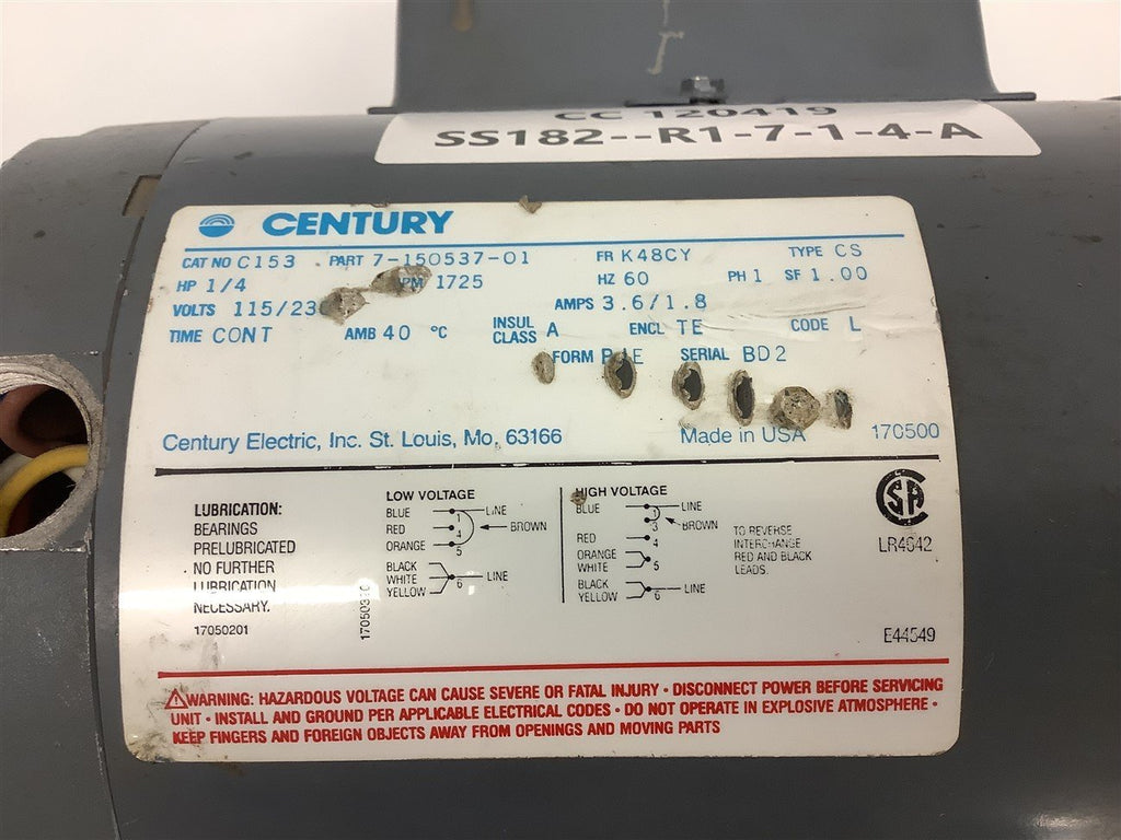 Century C153 1/4 HP AC Motor 115/230 Volts 1800 Rpm 4P 48CY Frame