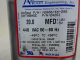 LOT OF 2, 20MFD 440VAC, 1 EACH AMRAD P/N:V2000/44-206, 1 EACH YORK 20MFD 440VAC