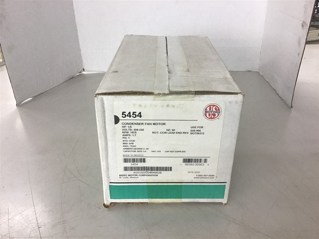 US Motor 5454 1/5 HP 208-230 Volt Condenser Fan Motor Singe Phase 1075 Rpm