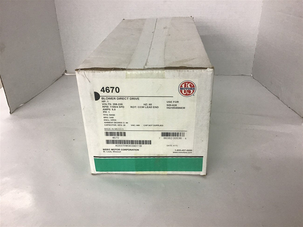 US Motors 4670 1 HP AC Motor 208-230 volt 1100 Rpm 4 speed
