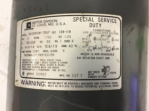 Emerson S63CXHZW-7057 1 Hp AC Motor 115/230 Volt Single Phase 1800 Rpm 4P