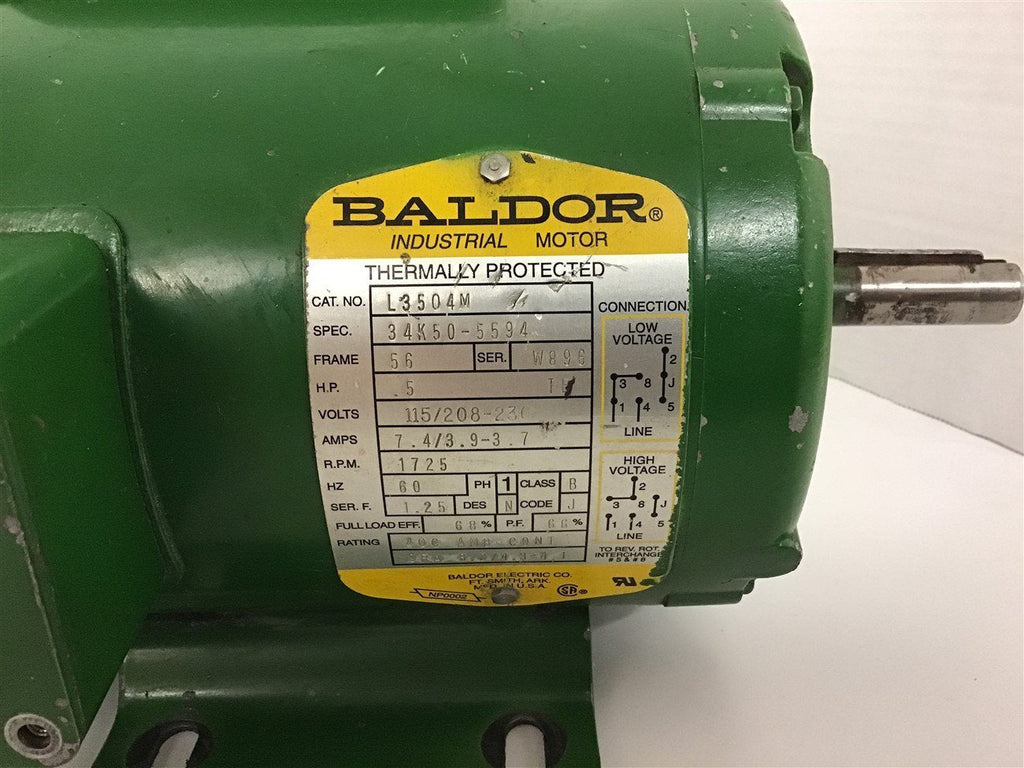 Baldor L3504M 1/2 Hp AC Motor 115/208-230 Volt 1800 Rpm 4P Single Phase 56 Frame