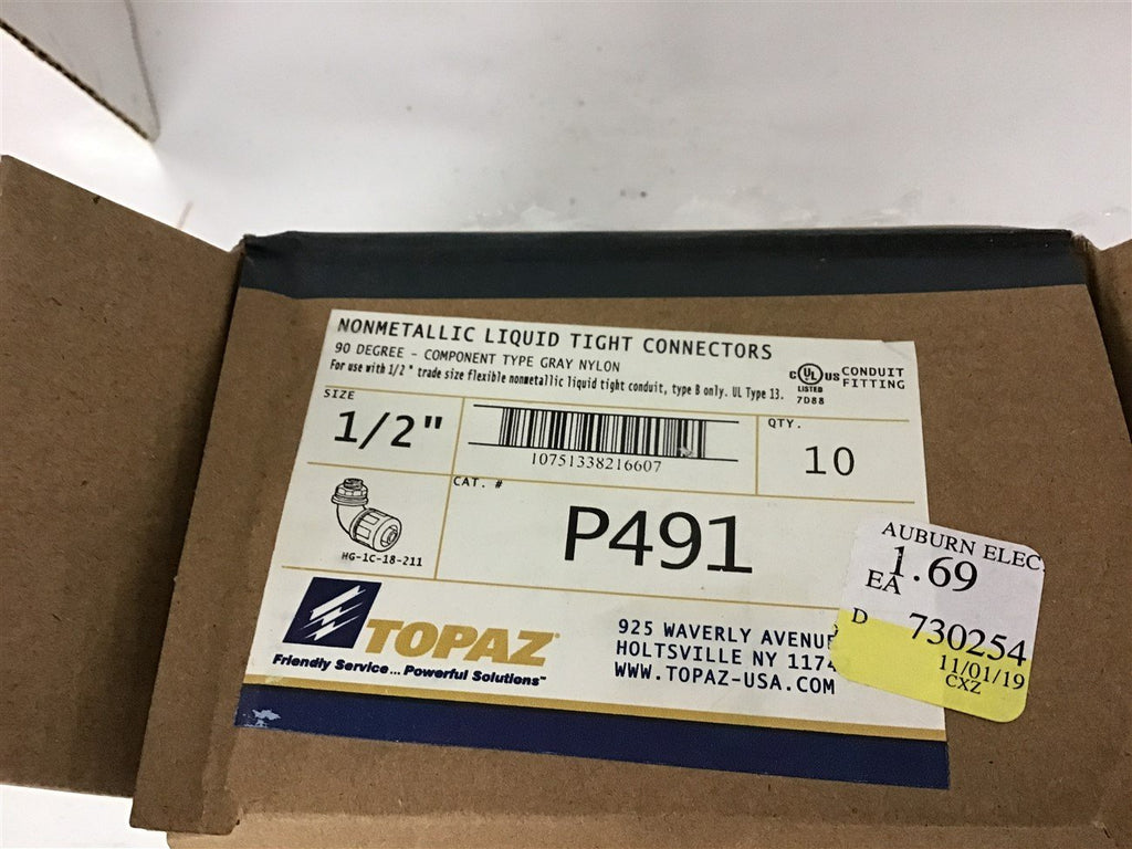 Topaz P491 1/2" Nonmetallic Liquid Tight Connectors Lot of 10