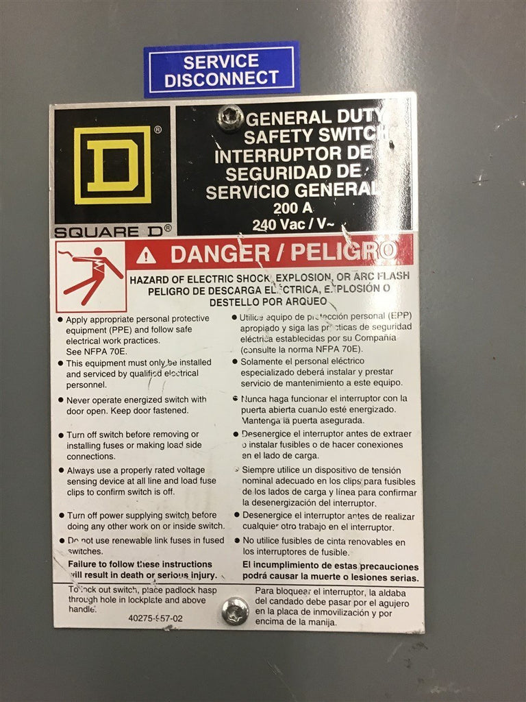 Square D D324N 200 Amp Fusible Disconnect 240 Vac