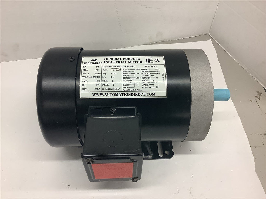 Automation Direct MTR-P50-3BD18 1/2 HP AC Motor 208-230/460 Volts 1800 Rpm 56C